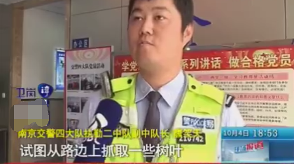 南京一男子酒驾发生追尾 为避查抓一把树叶塞口中