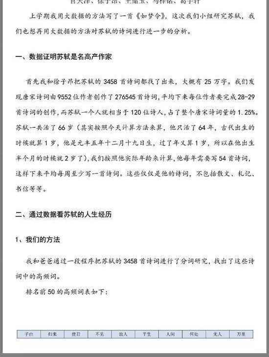 小学生大数据分析苏轼,值得称道