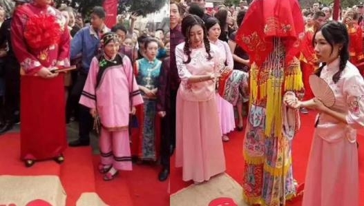 富商请来八抬大轿举办豪华婚礼,豪车堪称车展,还有直升机助阵