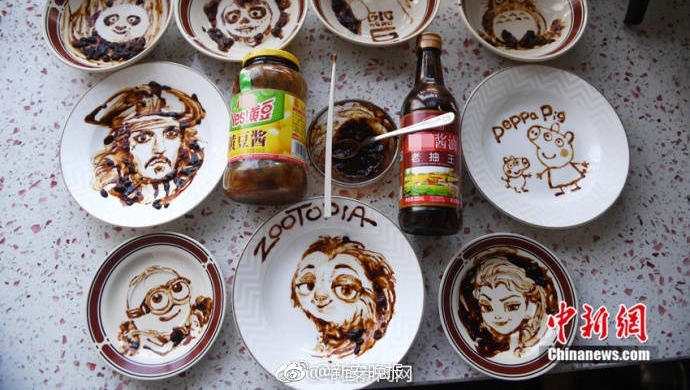 为哄孩子吃饭拼了!她用黄豆酱当颜料作画,描绘各种可爱卡通图案