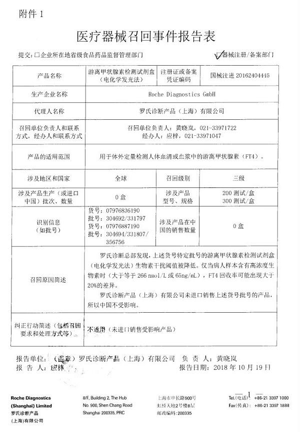 Roche Diagnostics GmbH对游离甲状腺素检测试剂盒(电化学发光法)主动召回